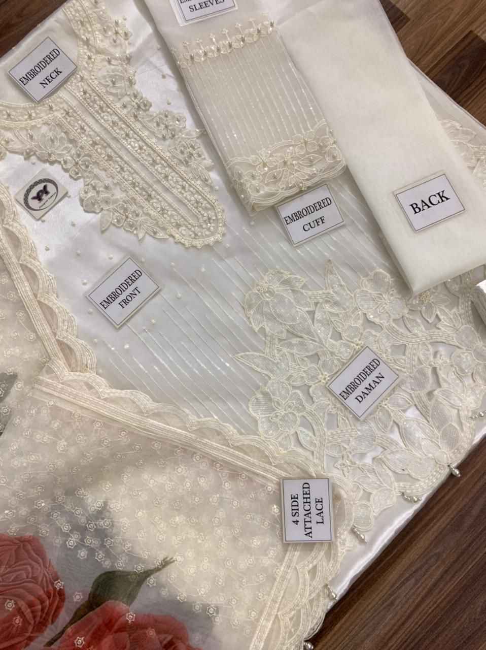 Heavy Embroidered Organza Dress with Satin Silk Trouser and Dupatta