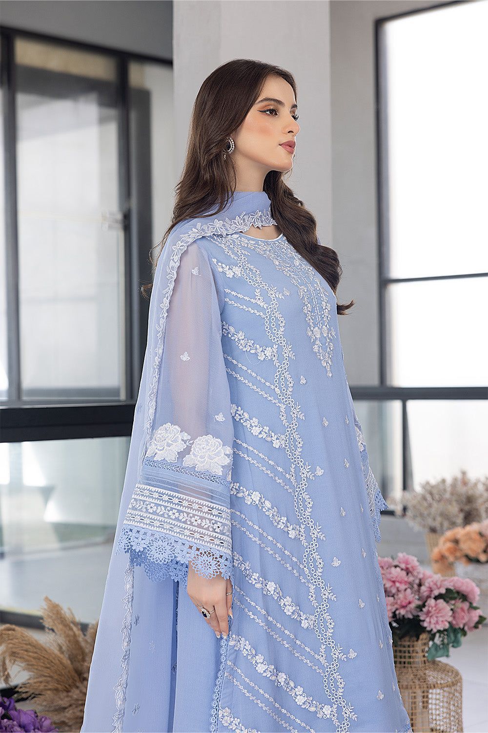 Azure Organza Suit with Thread & Sequins Embroidery