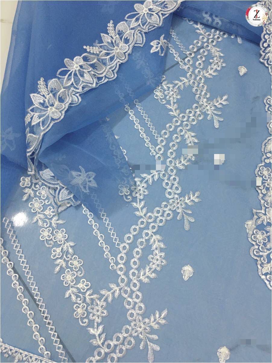 Azure Organza Suit with Thread & Sequins Embroidery