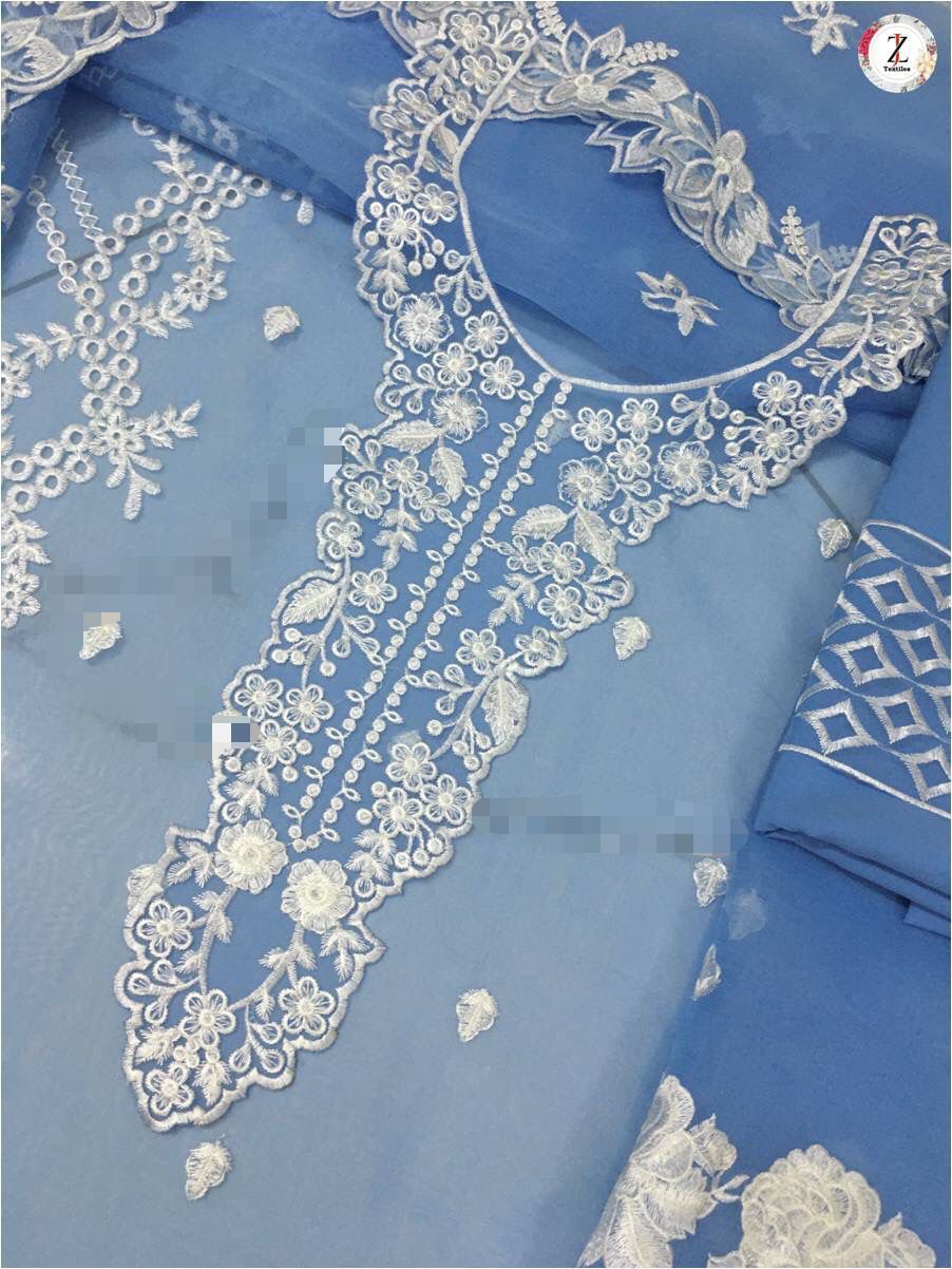 Azure Organza Suit with Thread & Sequins Embroidery