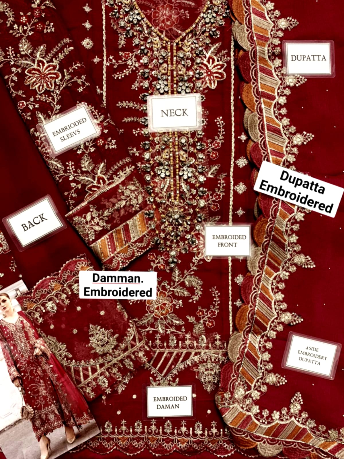 Maria.B 3-Piece Unstitched Suit (MAROON)