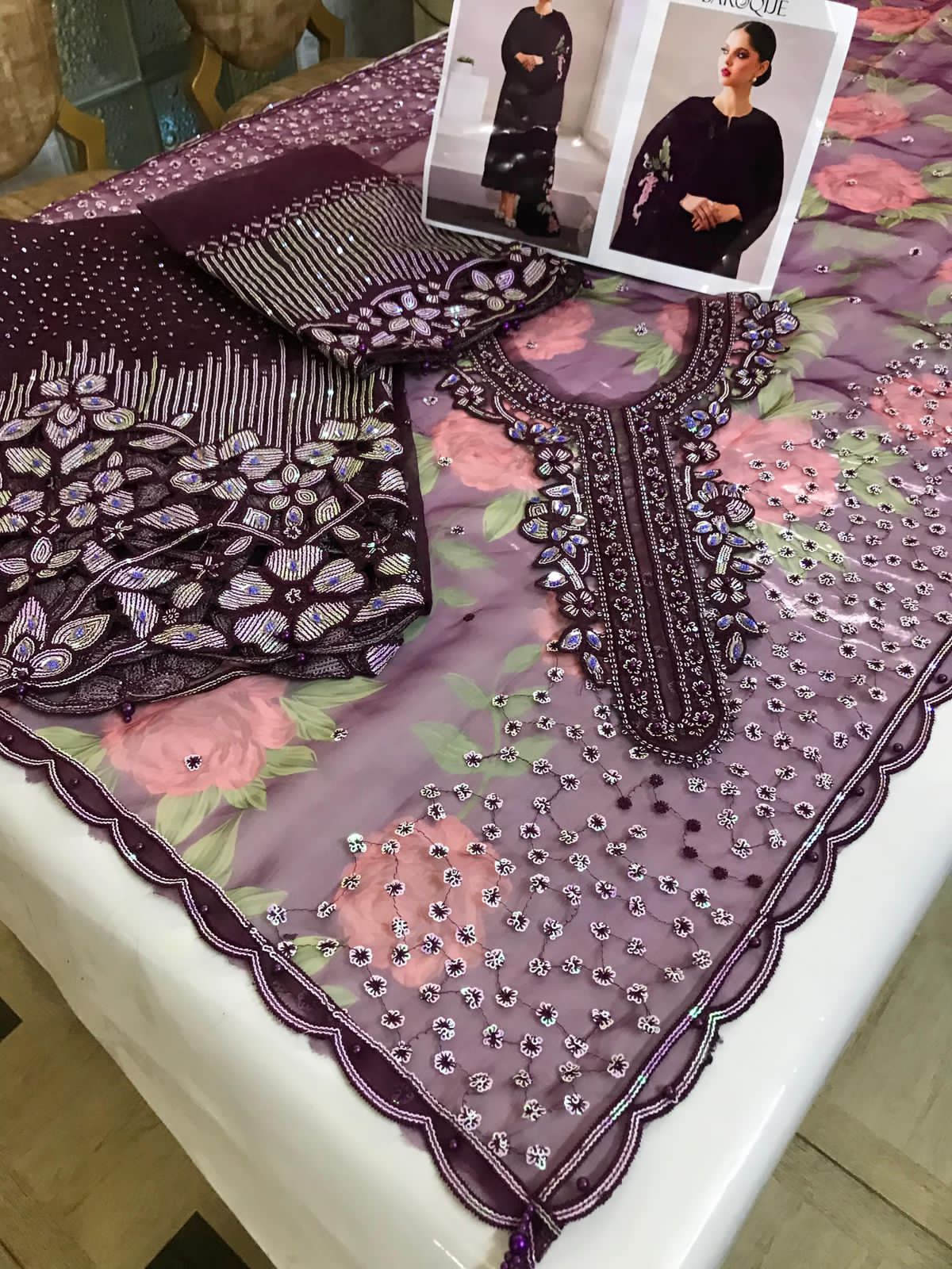 Baroque Organza 3-Piece Suit (MAROON)