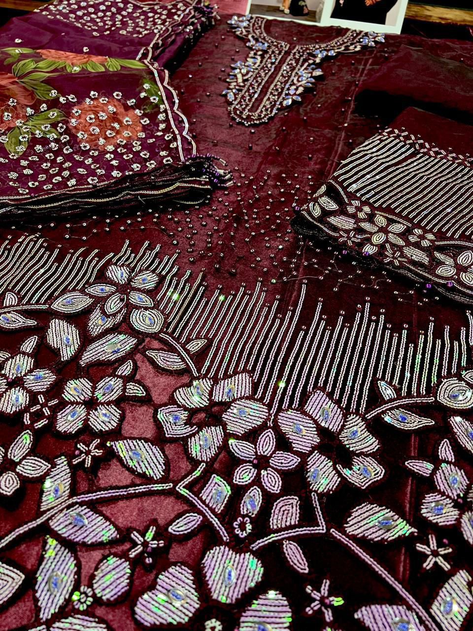 Baroque Organza 3-Piece Suit (MAROON)