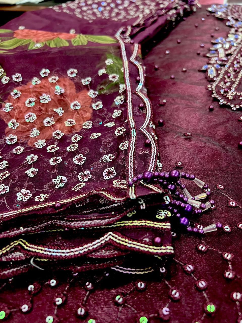 Baroque Organza 3-Piece Suit (MAROON)